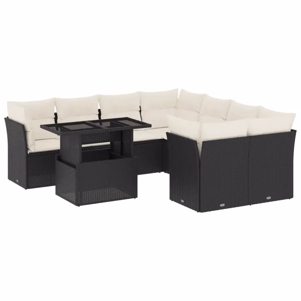Set di divani da giardino vidaXL in polyrattan nero con cuscini e tavolino da esterno a forma di L – 2