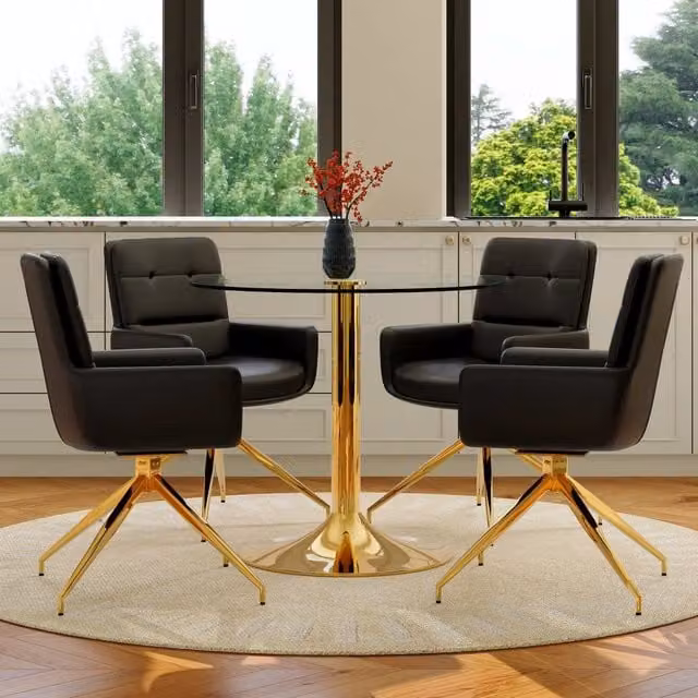 Set tavolo e sedie: tavolo rotondo in vetro temperato Ø85 cm con struttura metallica, 4 sedie da pranzo girevoli a 360° in PU nero-oro