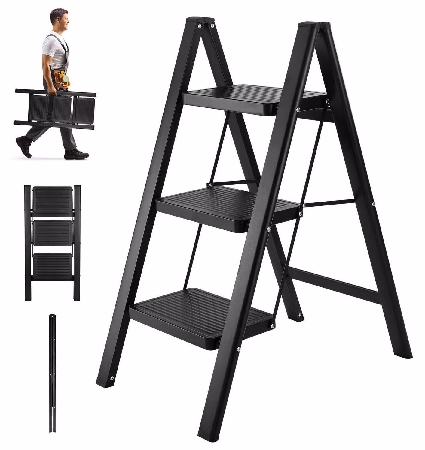 Scala a tre gradini pieghevole, colore nero, portata massima 150 kg