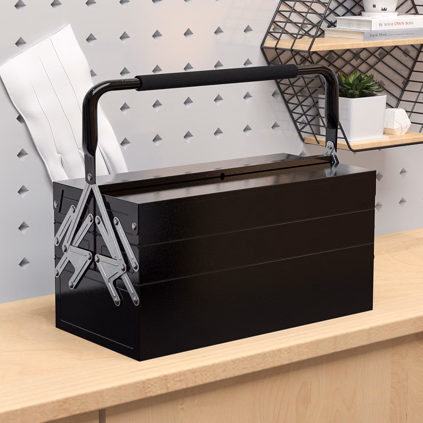 Cassetta degli attrezzi pieghevole in metallo DURHAND con 5 vassoi e manico, colore nero, L 45 cm x P 20 cm x H 34,5 cm – 2