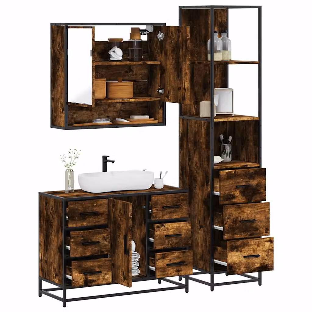 Set di mobili da bagno industrial vidaXL 3 pezzi in legno e metallo marrone con armadietto specchio, mobile lavabo e colonna alta