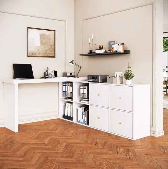 Scrivania angolare con piano girevole a 360°, MDF bianco, 120x48x78 cm, con 4 cassetti e 4 scomparti