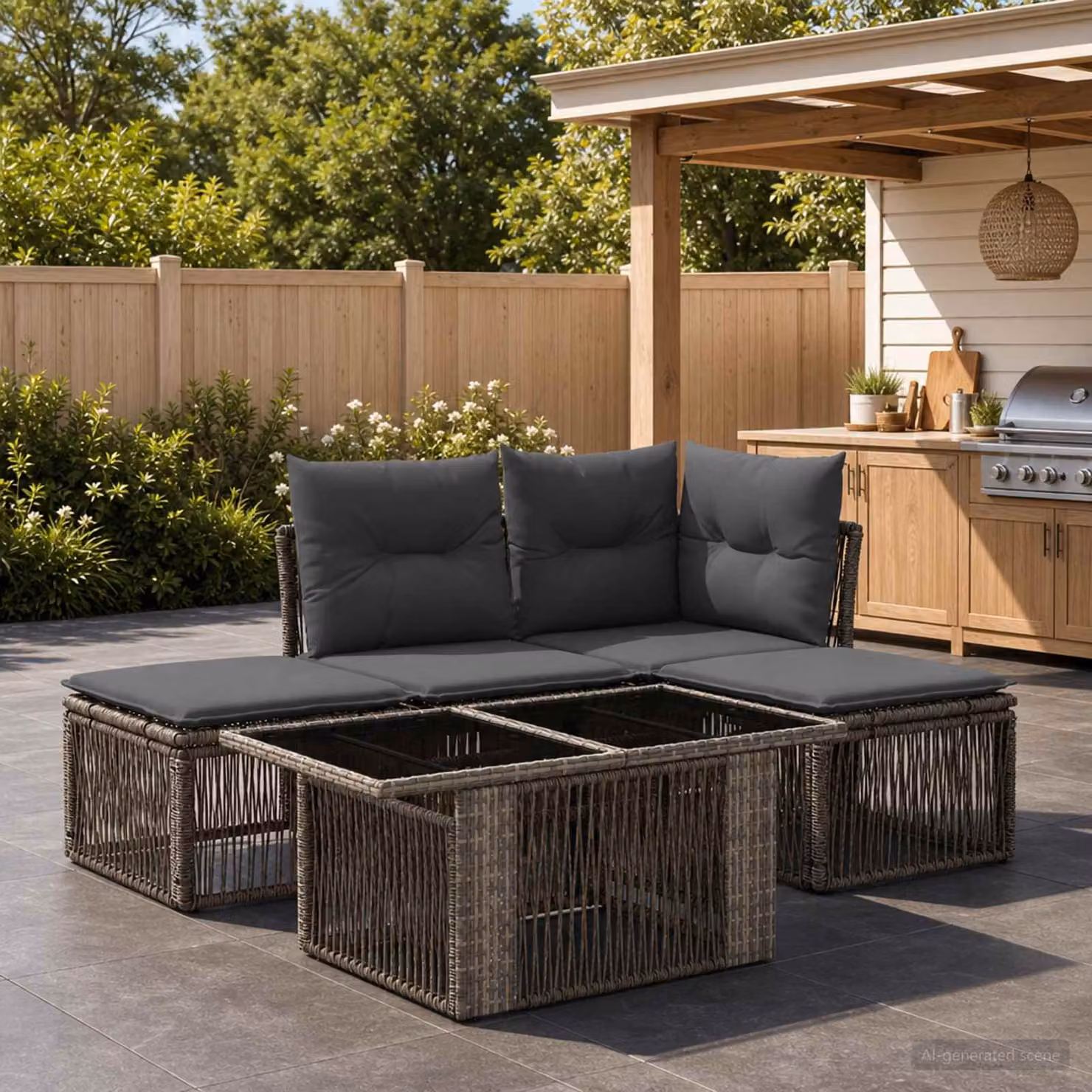 Set Divano da Giardino vidaXL 5 pz Grigio in Polyrattan con Tavolino e Ottoman, Design Moderno a L con Cuscini Inclusi e Struttura in Acciaio