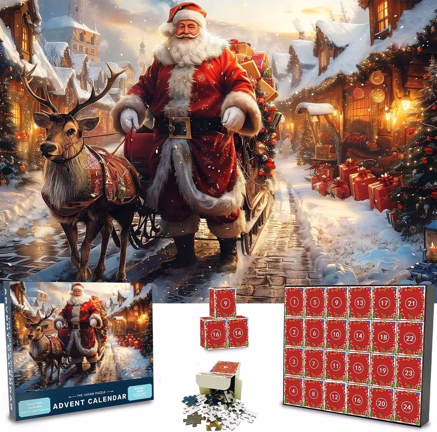 Calendario dell'Avvento con puzzle - 24 scatole, 1008 pezzi. Puzzle a tema natalizio, con Babbo Natale. Calendario a sorpresa per il periodo natalizio. Ideale come regalo di Natale, decorazione da parete. Dimensioni: 52 x 75 cm