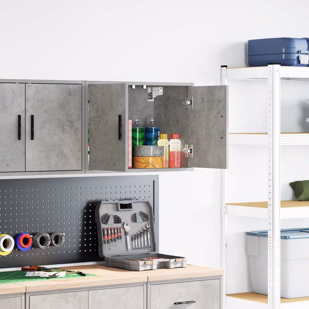 Pensile per garage vidaXL in legno e MDF grigio opaco con ante a battente e ripiani interni