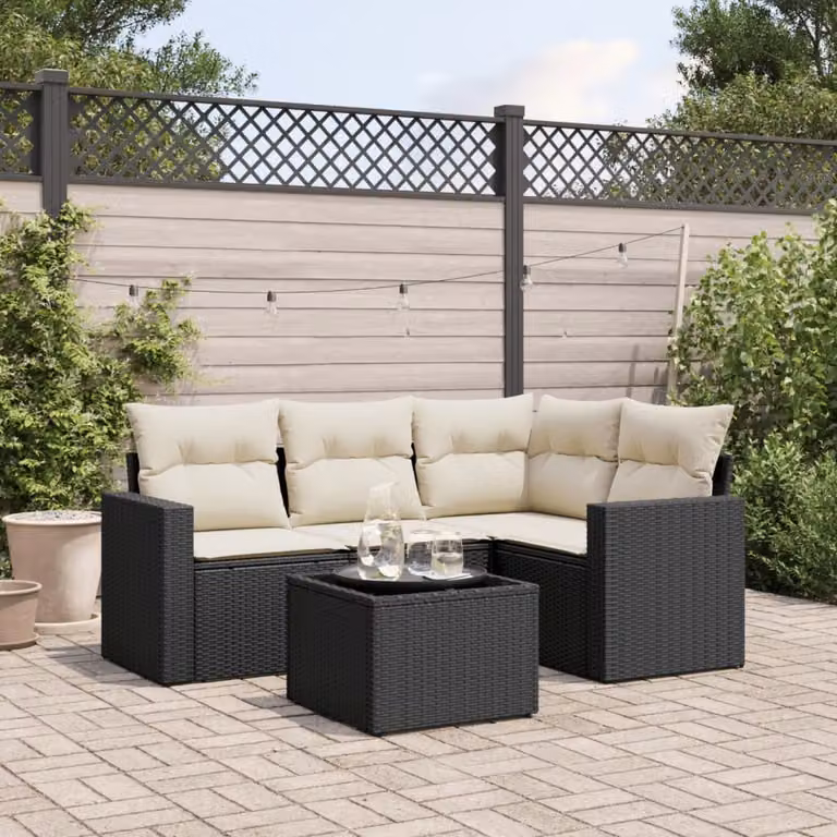 Set Divani da Giardino vidaXL 5 pz in Polyrattan Nero con Cuscini e Tavolino da Esterno a Forma di L