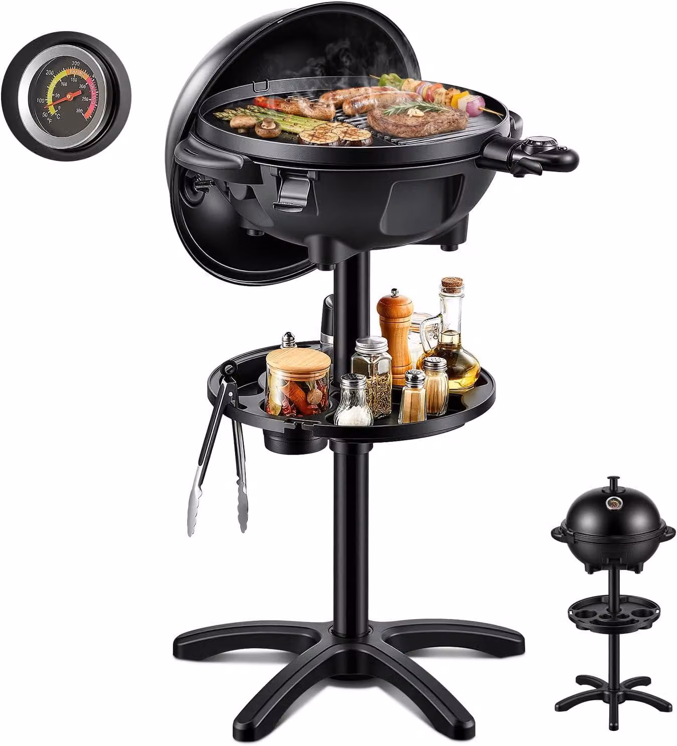 Barbecue elettrico, 2-in-1, 2400 W, con piano cottura da tavolo e supporto, termometro integrato, rivestimento antiaderente di Ø 41 cm, raccoglitore per grassi, colore nero