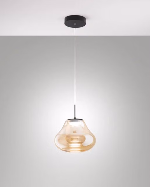 Lampada a Sospensione Deva Ø250mm Ambra, LED 14W 1510lm CCT Dimmerabile, Struttura in Metallo e Vetro Borosilicato - Deva