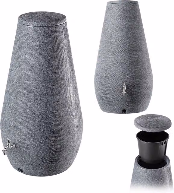 Serbatoio per acqua piovana KADAX a forma di barile grigio con rubinetto e vaso 2 in 1, capacità 410 l – 1