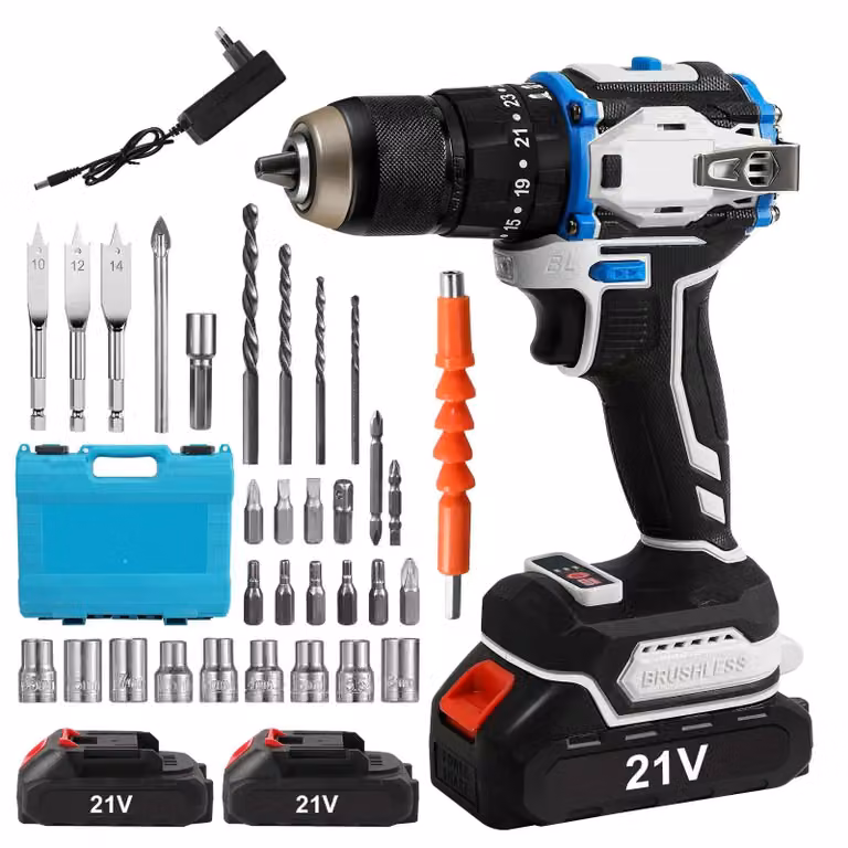 Trapano avvitatore a batteria e set di accessori - 31 pezzi - Motore brushless - 70 Nm - 2 velocità - Funzione percussione - 2 batterie