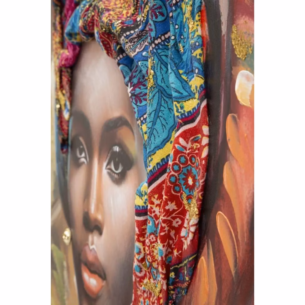 Dipinto su tela Deva B di Vikasa Home, ritratto femminile moderno con turbante multicolore, rosso, arancione, blu e oro, con cornice – 2