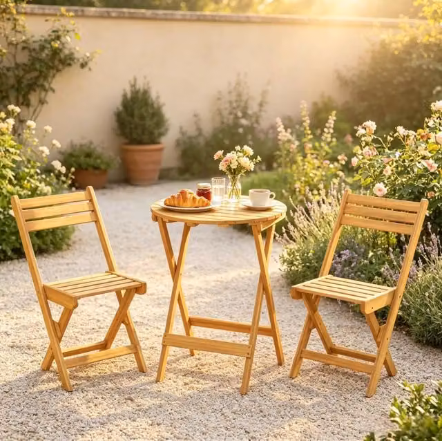 Set bistrot pieghevole da esterno con tavolo Ø 60 cm e 2 sedie in legno di acacia naturale