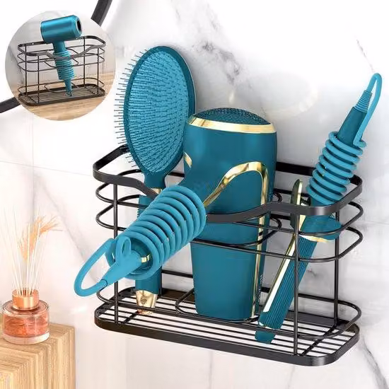 Stazione per asciugacapelli da bagno - Accessori per la cura dei capelli a parete - Sacchetto porta-accessori per capelli - Stazione multifunzionale per la cura dei capelli con piastre e arricciacapelli