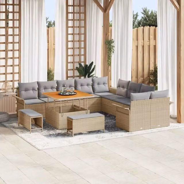 Set Divano da Giardino a Forma a U vidaXL in 13 Pezzi con Cuscini, Tavolino e Pouf, Colore Grigio o Beige – 1