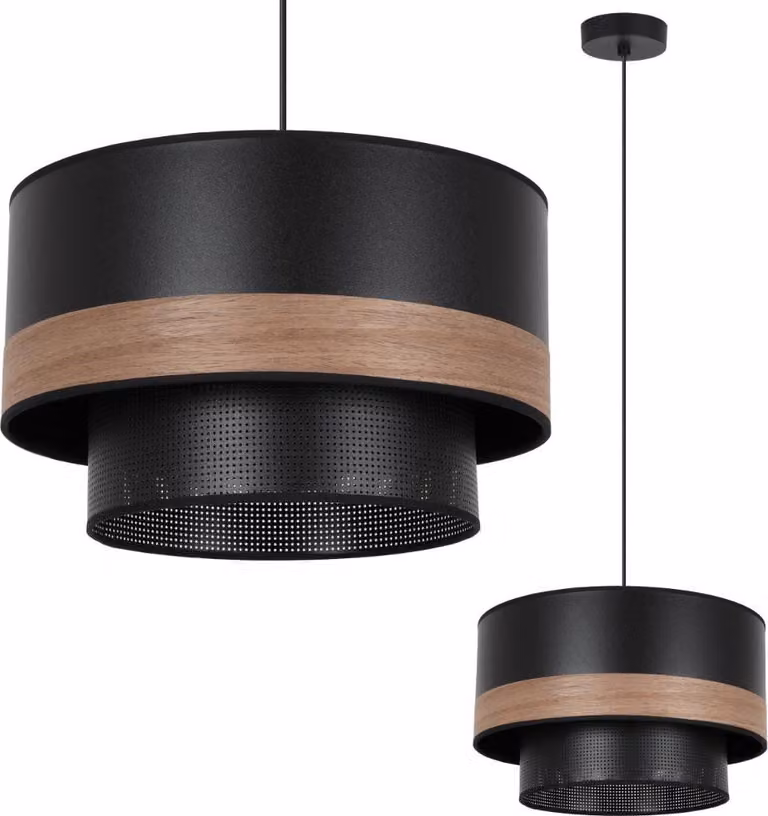 Wood Duo lampada a sospensione nera a 1 luce paralume reticolo impiallacciato noce