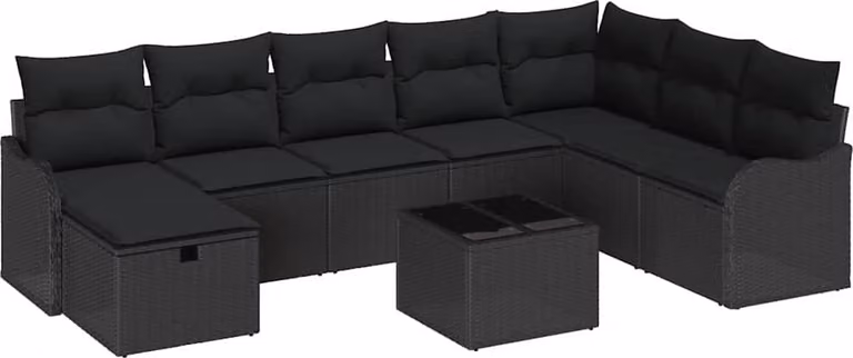 Set Divano da Giardino con cuscino 9 pcs Nero Poly Rattan