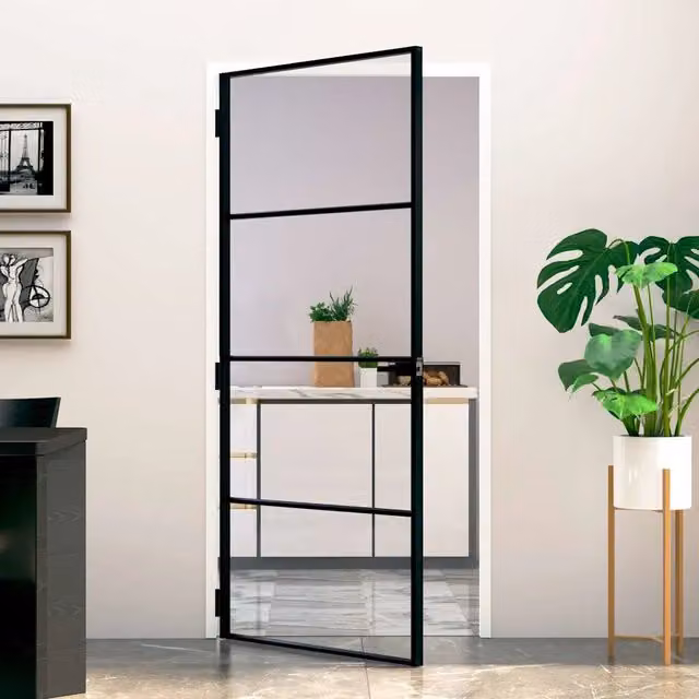 Porta Interna Moderna vidaXL in Alluminio e Vetro Temperato Trasparente, Colore Nero, L: 93 cm, H: 201,5 cm – 1
