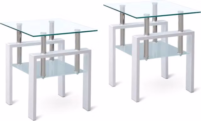 Set di 2 Tavolini a Cubo in Vetro Temperato Trasparente Bianco con 2 Ripiani e Spazio Contenitivo