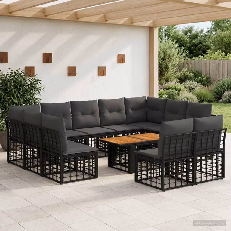 Set Divano da Giardino vidaXL 12 Pezzi a Forma di L con Tavolino, Polyrattan e Cuscini, Nero e Grigio