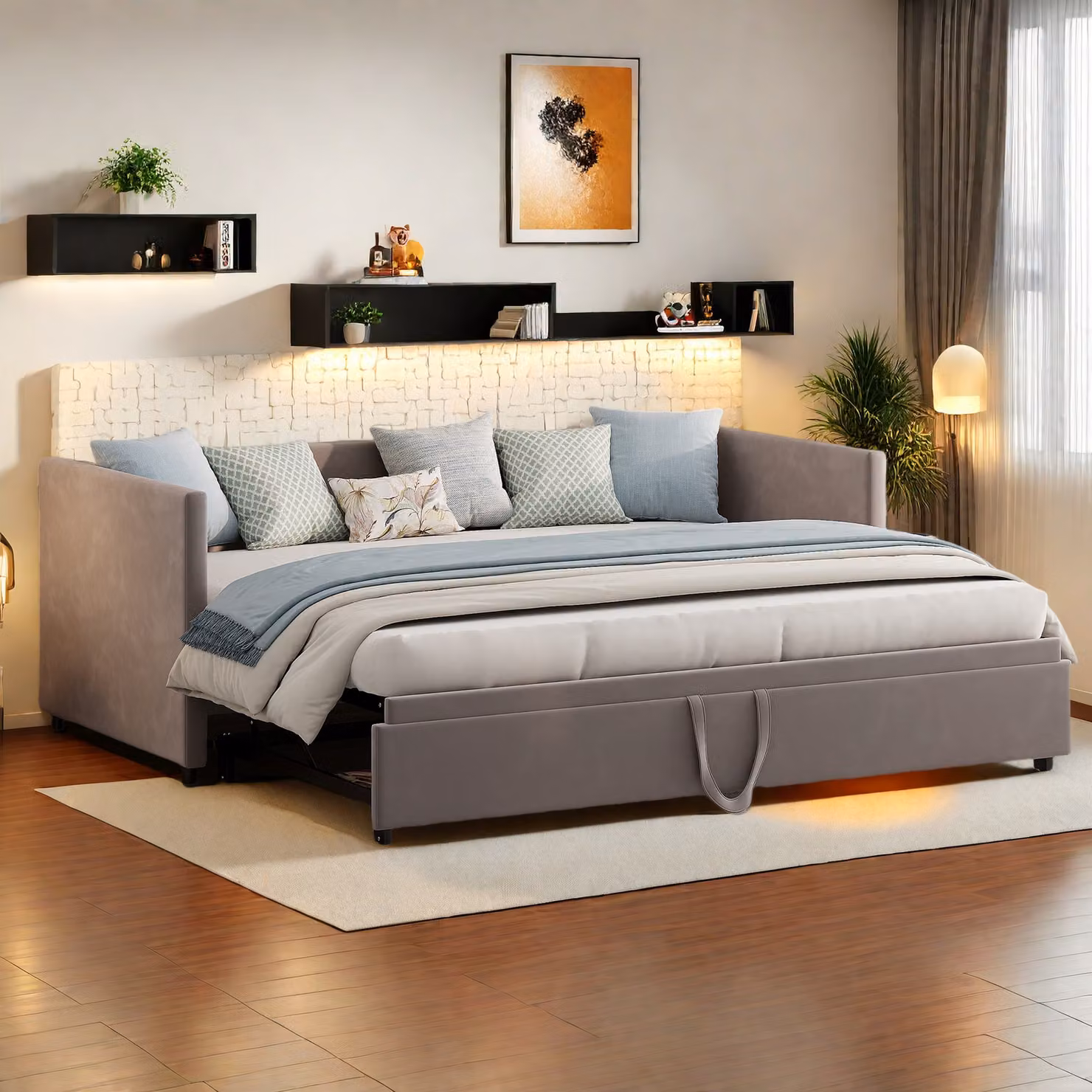 UnboxG divano letto 90x200/180x200cm con letto estraibile, divano letto da giorno letto per bambini letto per ragazzi con rete a doghe, letto da giorno in velluto, grigio