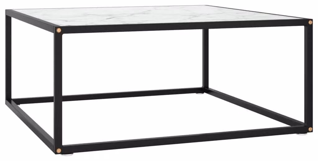 Tavolino da salotto moderno con piano in vetro bianco e aspetto marmorizzato