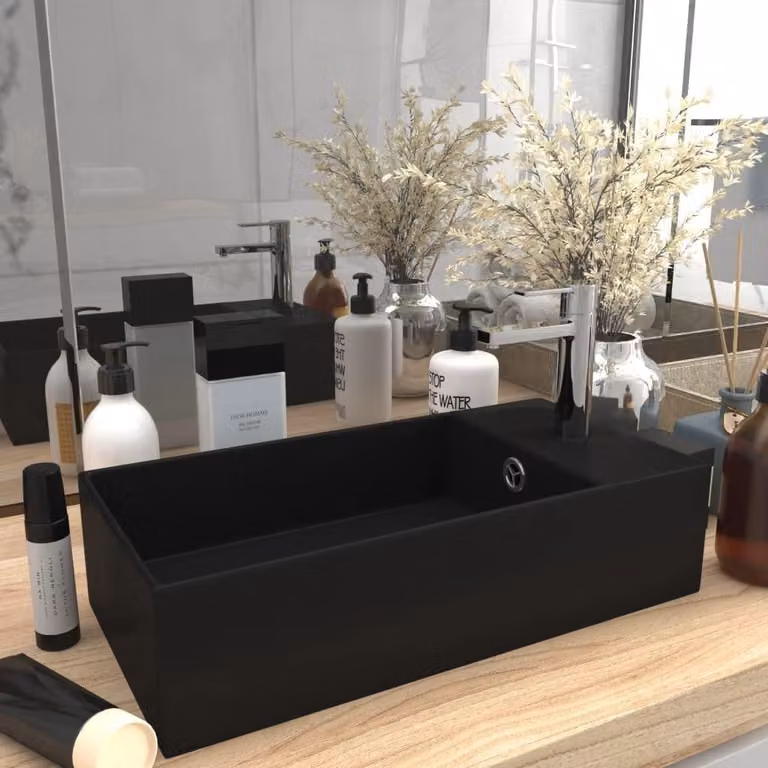Lavabo in Vetroceramica, colore nero opaco, con troppofilo