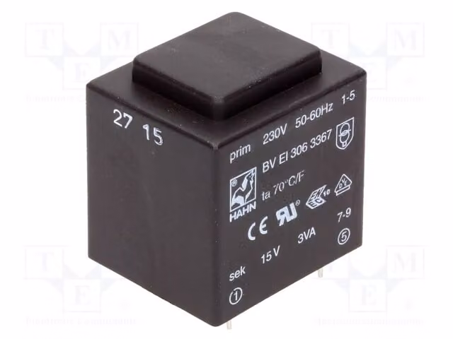 1 trasformatore: rivestito, 200mA, 3VA, 230VAC, 15V. Montaggio: BV EI 306 3367 - Trasformatore