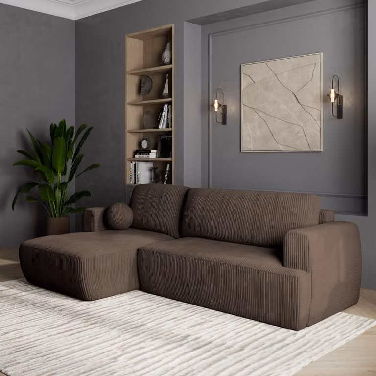 Divano angolare SENTI P L-S di Masseno con funzione letto a L, divano con box letto, divano da soggiorno, divano, divano letto, set di divani - marrone, POSO 06