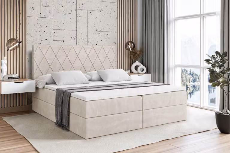 Letto boxspring ALTDECOR con materasso e rete a doghe - LEPARO - 160x200 cm - Velluto beige - Letto boxspring, topper, letto imbottito con contenitore, letto con contenitore H4 - Materasso, letto matrimoniale, letto boxspring