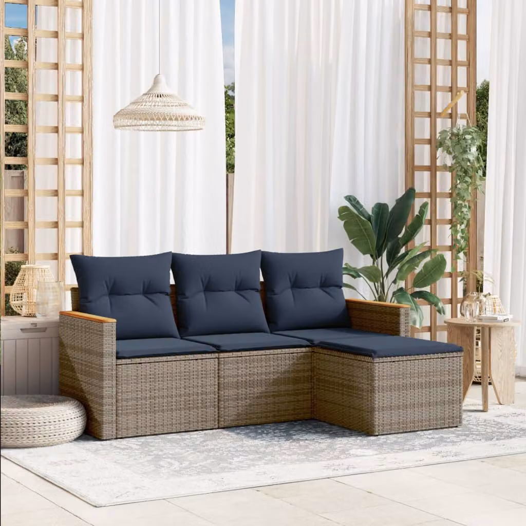 Set di divani da giardino vidaXL a forma di L in rattan con cuscini, composto da 4 pezzi, colore grigio e blu con struttura in metallo e coperture rimovibili