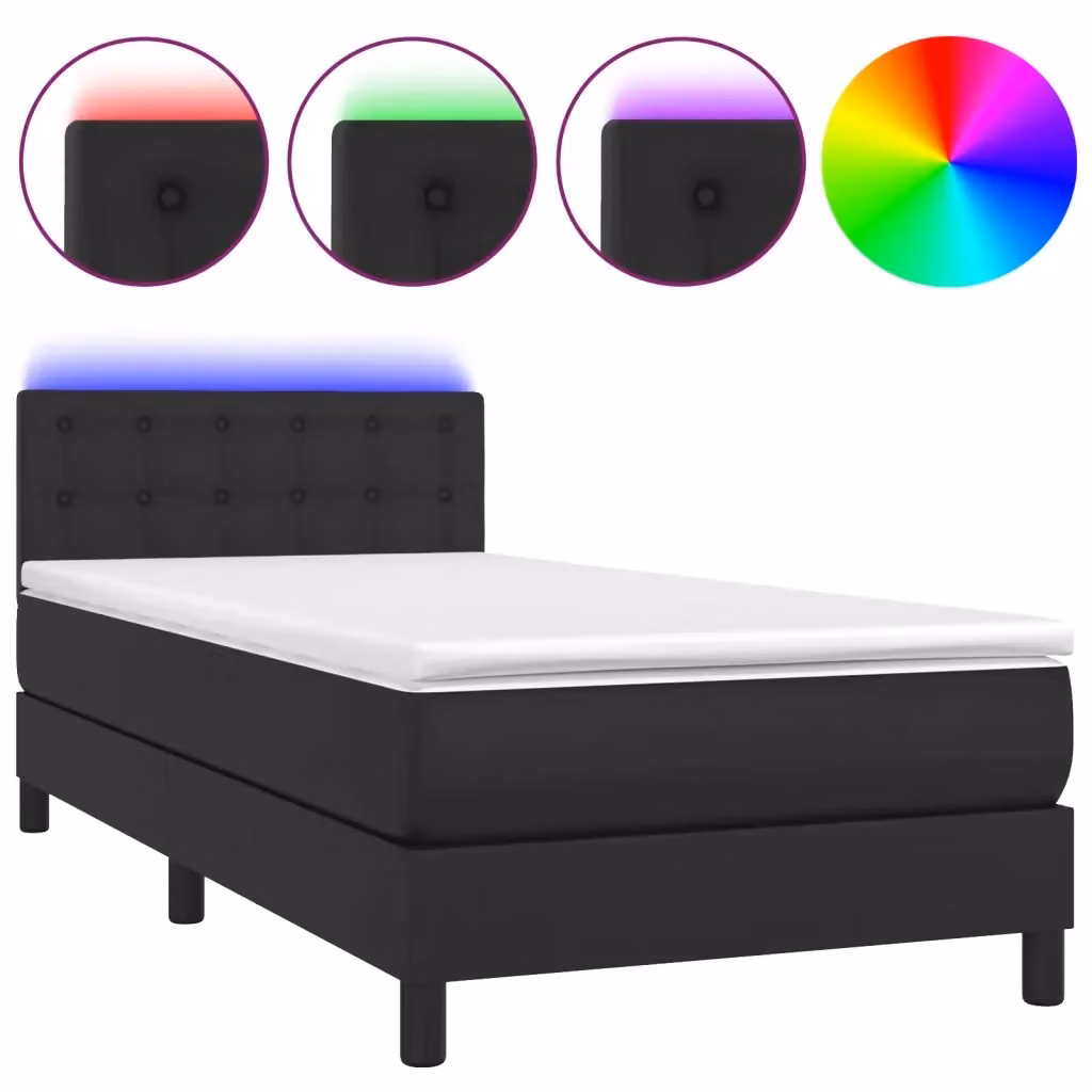 vidaXL Giroletto a Molle con Materasso e LED Nero in Similpelle, L/P: 90 x 200 cm – 2