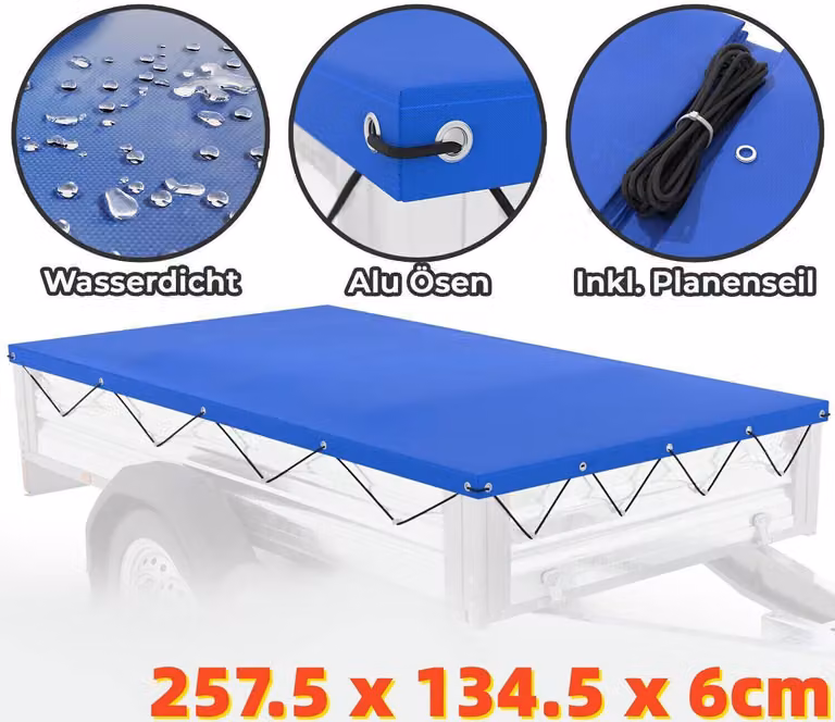 Telone per rimorchio, telone di copertura con corda, 257 cm x 134 cm x 6 cm, 257 cm, 134 cm
