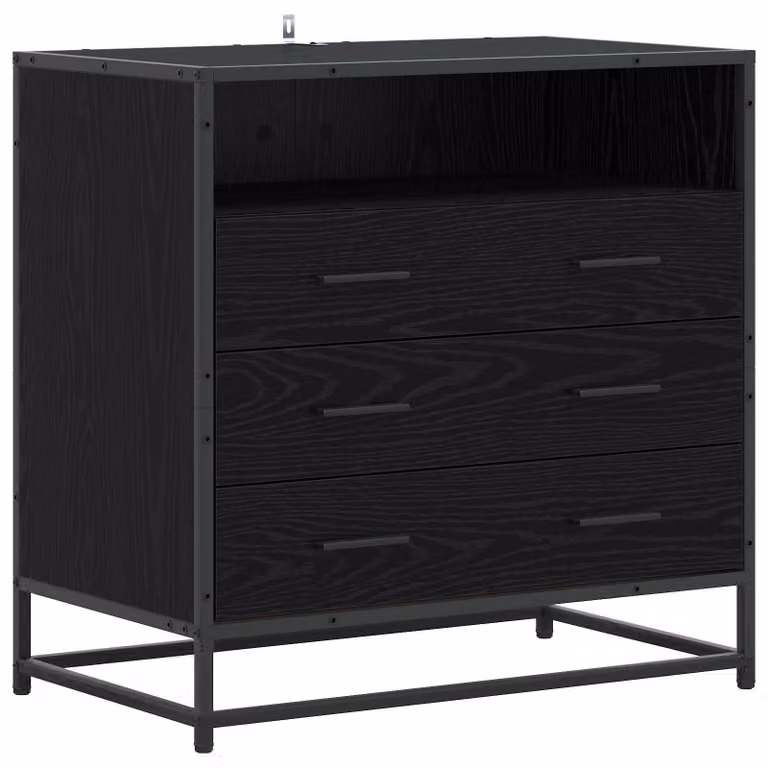 Mobiletto contenitore a 3 cassetti, colore nero, finitura effetto legno di quercia