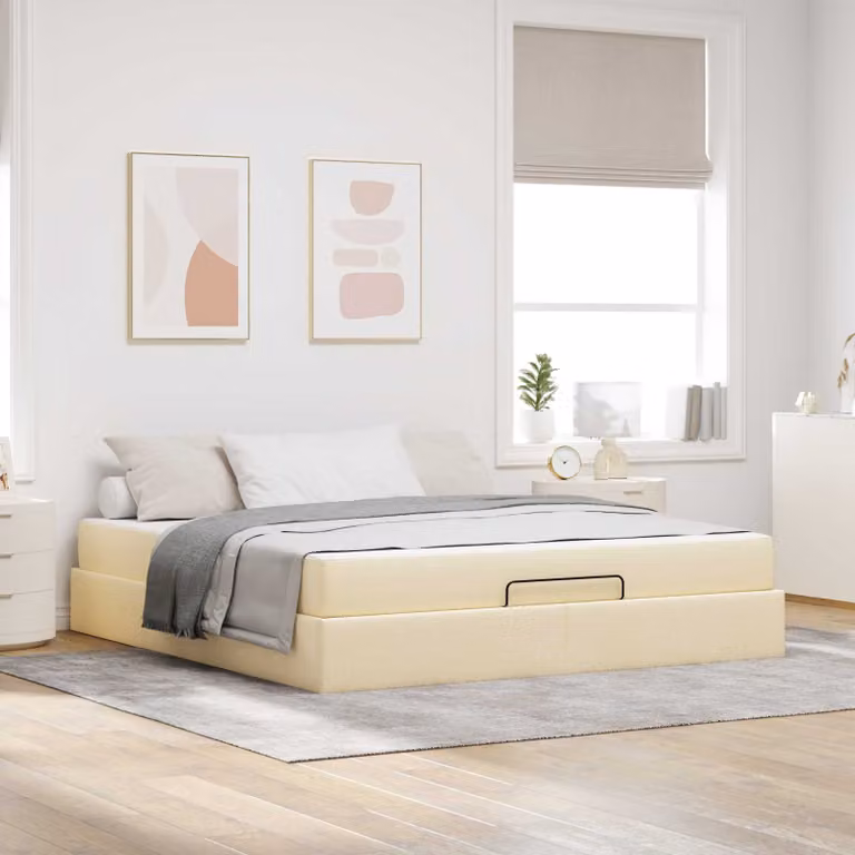 Set letto vidaXL con materasso in 2 pezzi, struttura imbottita in tessuto beige e legno, L/P: 180 x 200 cm