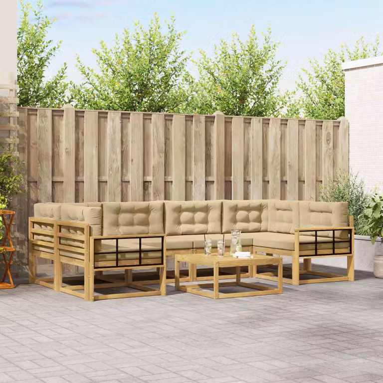vidaXL Set di divani da esterno a L in legno di acacia con tavolo da caffè, colore bianco e beige
