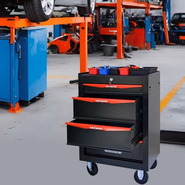 Carrello portautensili OKWISH in acciaio con 4 cassetti, serratura e ruote piroettanti, nero rosso, L: 77,5 cm, P: 33,0 cm, H: 60,0 cm