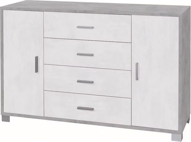 Credenza madia mobile con 2 ante e 4 cassetti 136x41x86H cm in kit di montaggio colore Cemento e bianco