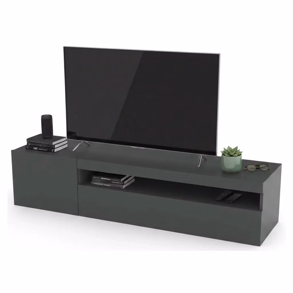 Credenza da soggiorno DMORA Porta Acrilya a 2 ante, Antracite lucido, L: 150 cm, P: 40 cm, H: 37 cm – 2