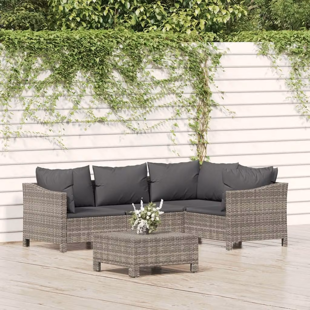The Living Store Set da giardino 5 pezzi con cuscini in poly rattan grigio
