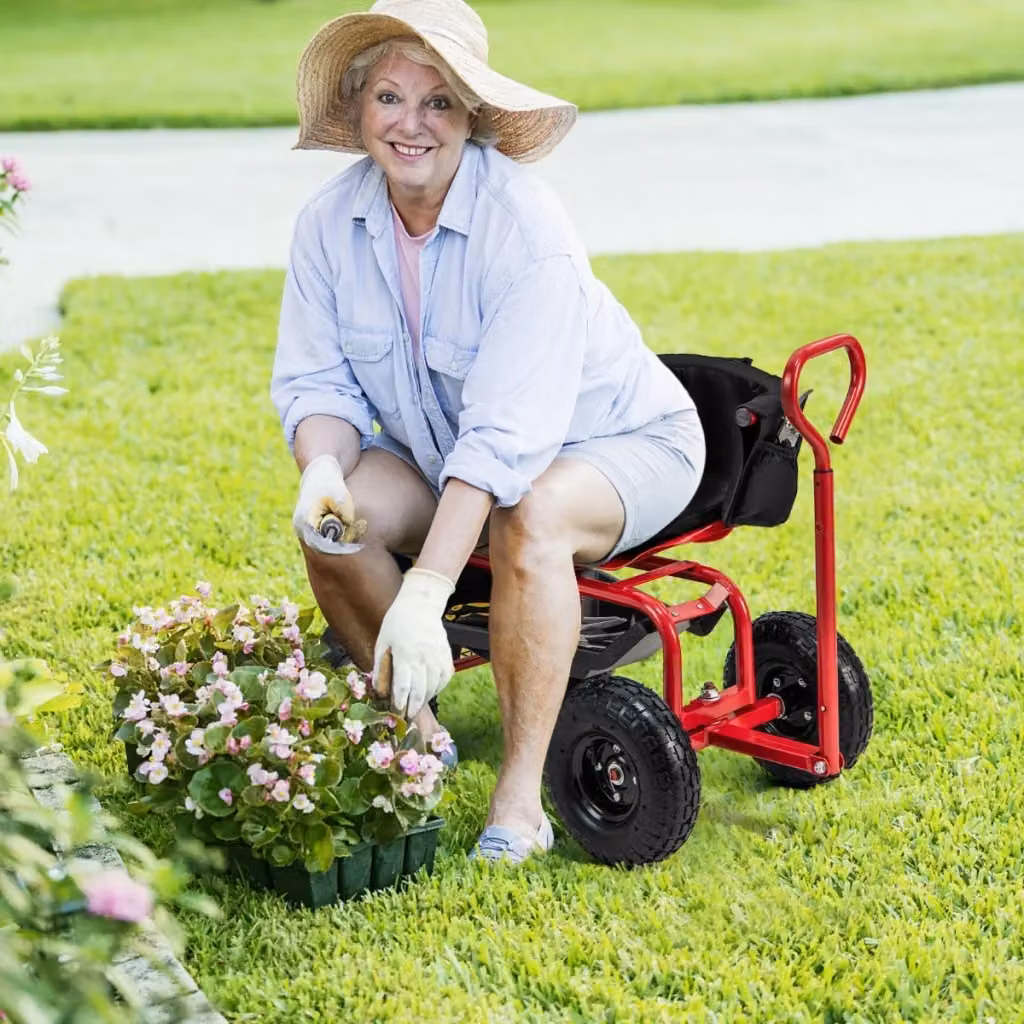 Sgabello da giardinaggio con sedile girevole e manico telescopico rosso con ruote da 26 cm – 2
