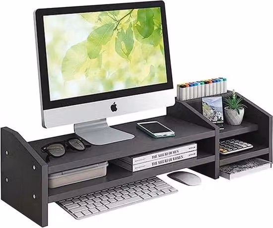 Supporto per Monitor e Organizzatore da Ufficio in Legno Nero con Scomparti Multipli