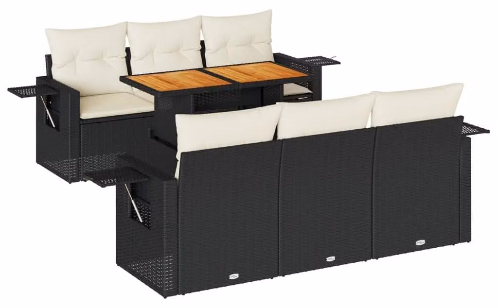 Set da salotto 7 pezzi in rattan sintetico nero - Con funzione di stoccaggio impermeabile - Tavolo regolabile - Include cuscini