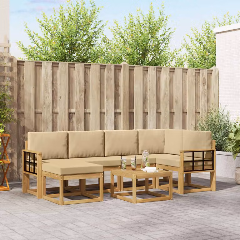 vidaXL Set di divani da esterno a L in legno di acacia con cuscini, 7 pezzi, Bianco e Beige