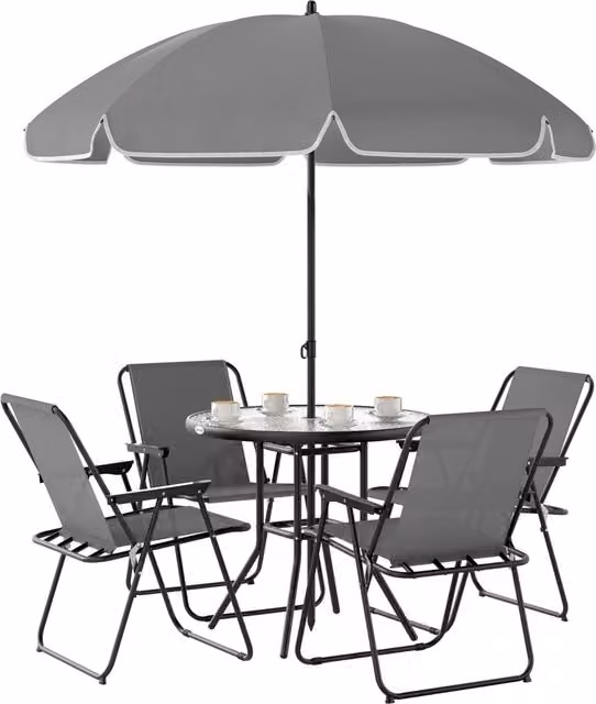 Set da Giardino Giordanoshop composto da Tavolo Rotondo in Vetro e 4 Sedie Pieghevoli, Colore Grigio e Nero