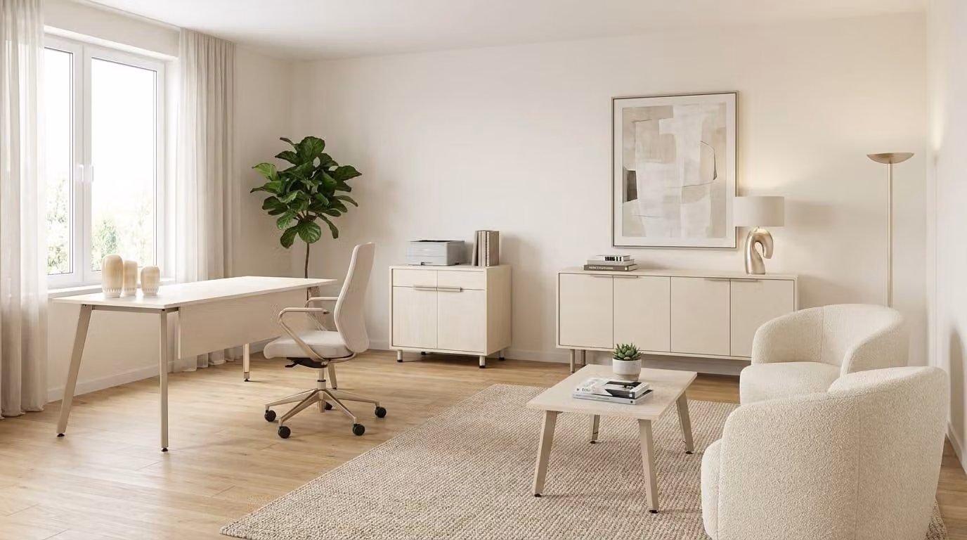 Arredamento per ufficio: scrivania direzionale, mobile contenitore, cassettiera, set