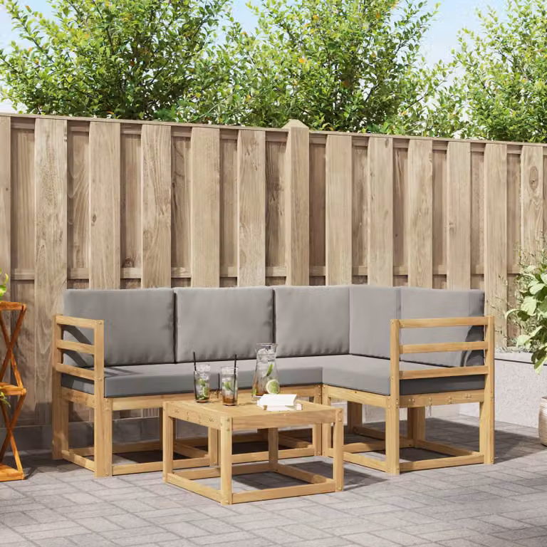 vidaXL Set di divani da esterno a L composto da 5 pezzi in legno di acacia con cuscini, Bianco e Grigio