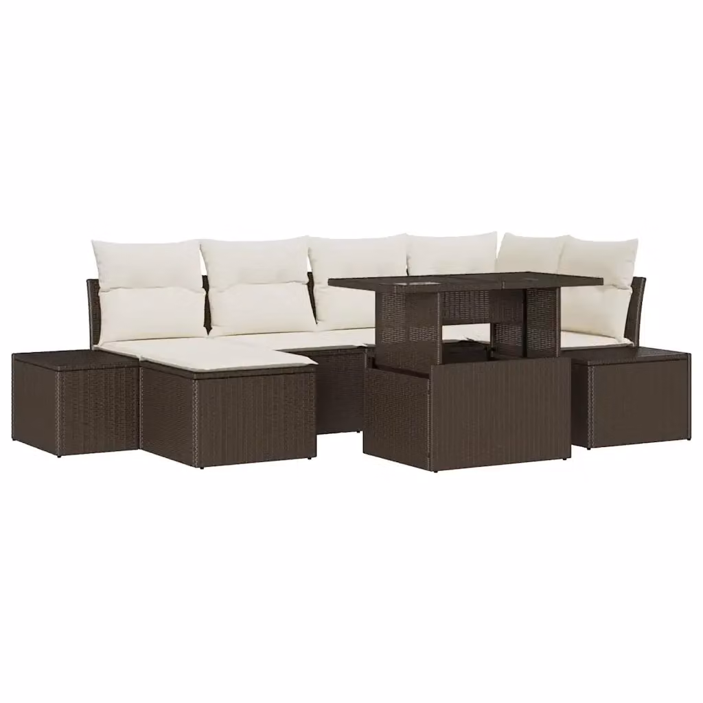 Set Divano da Giardino vidaXL 7 Pezzi in Polyrattan Marrone con Cuscini e Tavolino da Caffè in Vetro – 2