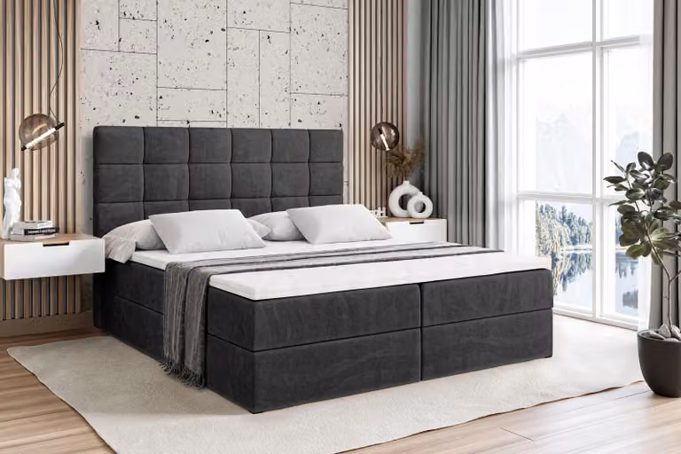 Letto boxspring ALTDECOR con materasso e rete a doghe - BRUGO - 180x200 cm - Velluto nero - Letto boxspring, topper, letto imbottito con contenitore, letto con vano portaoggetti H4 - Materasso, letto matrimoniale, letto boxspring