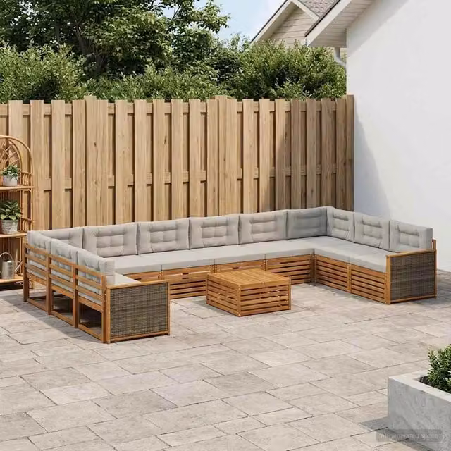 Set di divani da giardino vidaXL a forma di U composto da 11 pezzi in legno di acacia con cuscini beige e grigi – 1