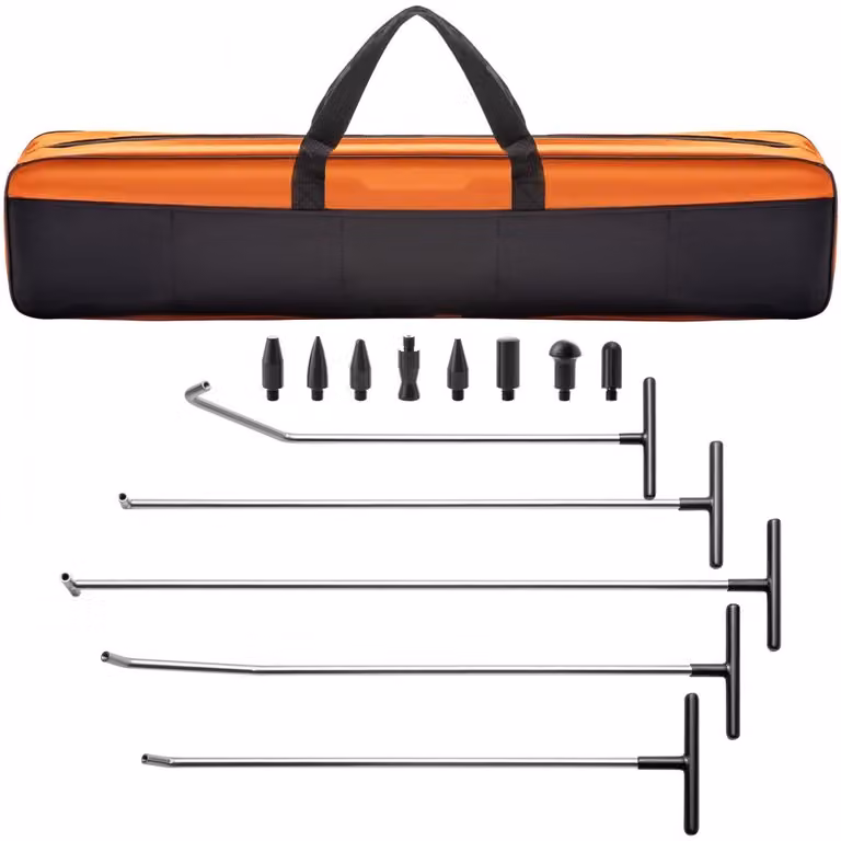 Strumento professionale per la rimozione delle ammaccature da grandine - Kit per la rimozione delle ammaccature con aste - Strumento per la riparazione delle ammaccature in 13 pezzi senza verniciatura - 5 aste in acciaio inox per ammaccature - 8 teste di